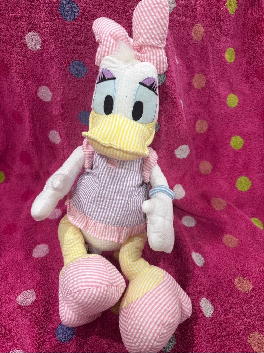 Pink Daisy Duck Plush Toy - Soft Seersucker Fabric